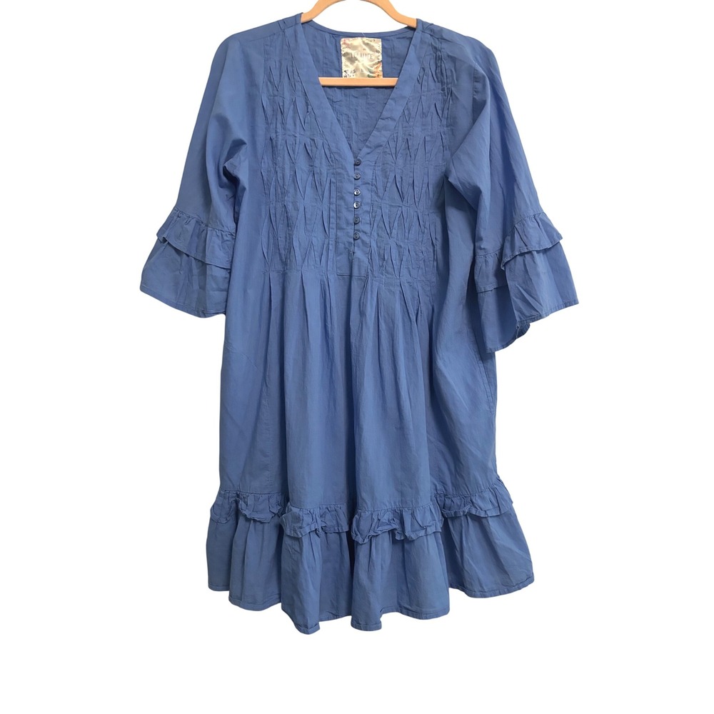 Lulalife Blue 100% Cotton Pintuck Ruffle Tiered Shift Dress Womens Medium Boho